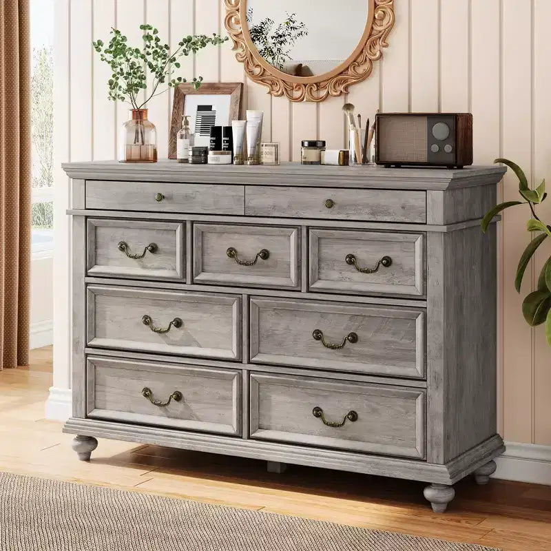 Farmhouse 9 Drawers Dresser for Bedroom, 47 Wide Wood Rustic Chest of 9 Drawers with Metal Handles, Large Storage Dressers Organizer