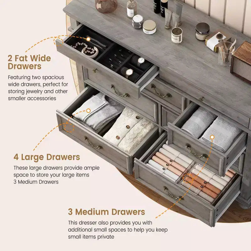 Farmhouse 9 Drawers Dresser for Bedroom, 47 Wide Wood Rustic Chest of 9 Drawers with Metal Handles, Large Storage Dressers Organizer