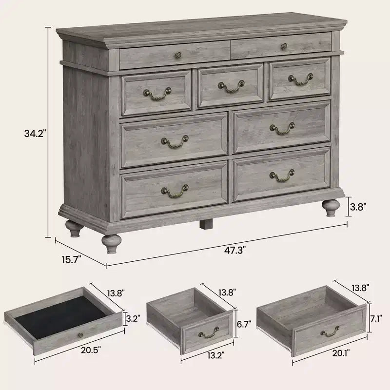 Farmhouse 9 Drawers Dresser for Bedroom, 47 Wide Wood Rustic Chest of 9 Drawers with Metal Handles, Large Storage Dressers Organizer