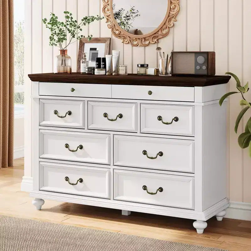 Farmhouse 9 Drawers Dresser for Bedroom, 47 Wide Wood Rustic Chest of 9 Drawers with Metal Handles, Large Storage Dressers Organizer