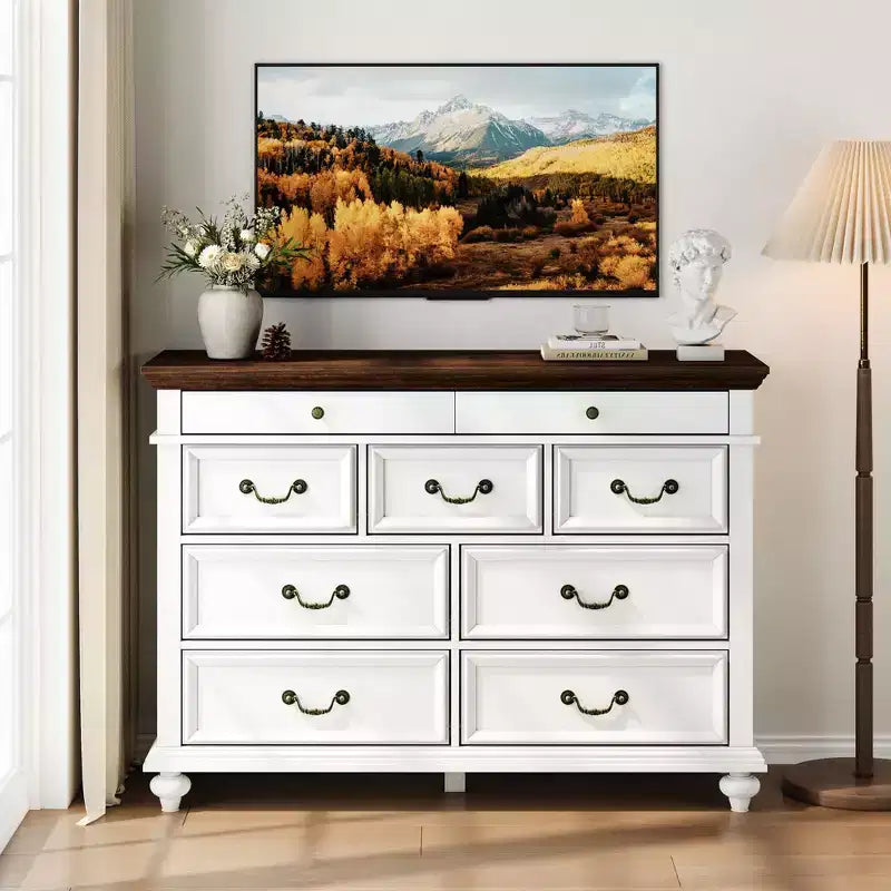 Farmhouse 9 Drawers Dresser for Bedroom, 47 Wide Wood Rustic Chest of 9 Drawers with Metal Handles, Large Storage Dressers Organizer
