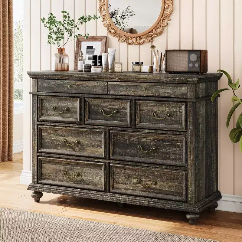 Farmhouse 9 Drawers Dresser for Bedroom, 47 Wide Wood Rustic Chest of 9 Drawers with Metal Handles, Large Storage Dressers Organizer