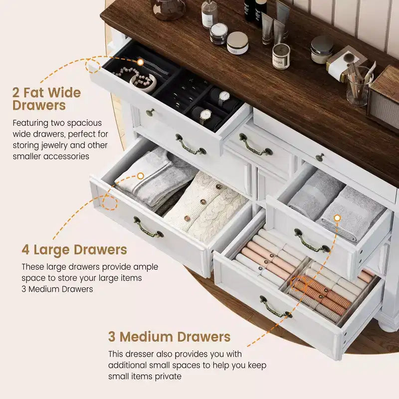 Farmhouse 9 Drawers Dresser for Bedroom, 47 Wide Wood Rustic Chest of 9 Drawers with Metal Handles, Large Storage Dressers Organizer