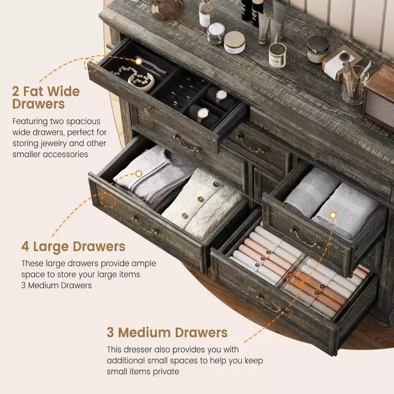 Farmhouse 9 Drawers Dresser for Bedroom, 47 Wide Wood Rustic Chest of 9 Drawers with Metal Handles, Large Storage Dressers Organizer