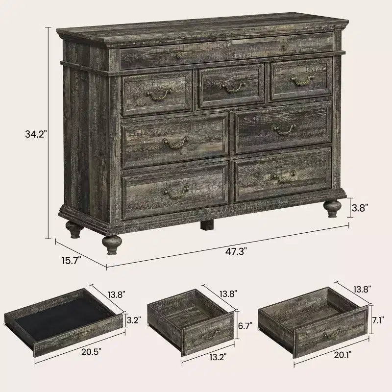 Farmhouse 9 Drawers Dresser for Bedroom, 47 Wide Wood Rustic Chest of 9 Drawers with Metal Handles, Large Storage Dressers Organizer