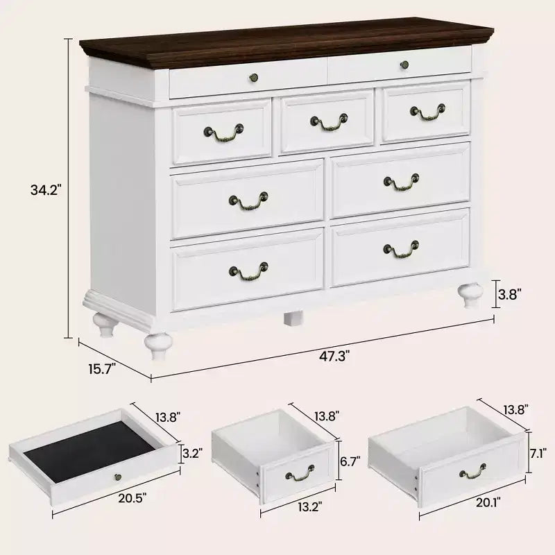 Farmhouse 9 Drawers Dresser for Bedroom, 47 Wide Wood Rustic Chest of 9 Drawers with Metal Handles, Large Storage Dressers Organizer