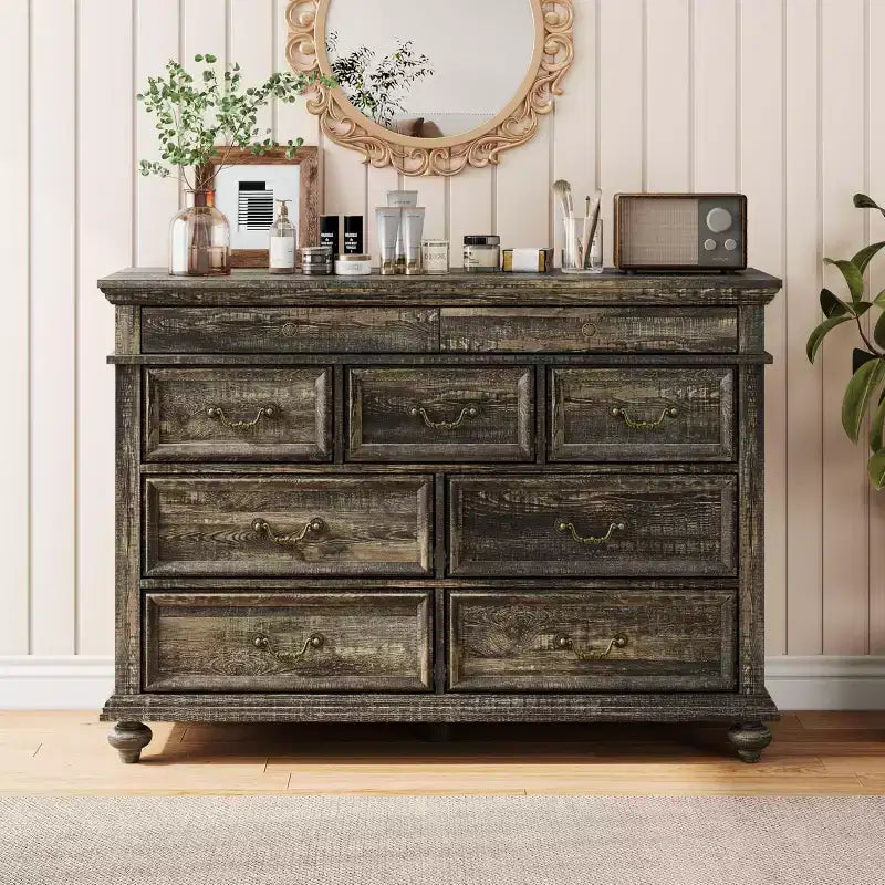Farmhouse 9 Drawers Dresser for Bedroom, 47 Wide Wood Rustic Chest of 9 Drawers with Metal Handles, Large Storage Dressers Organizer