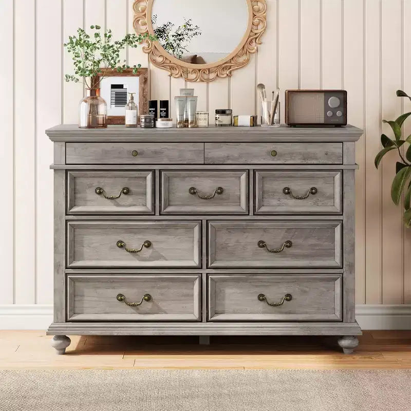 Farmhouse 9 Drawers Dresser for Bedroom, 47 Wide Wood Rustic Chest of 9 Drawers with Metal Handles, Large Storage Dressers Organizer