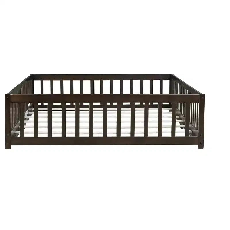 MAYEERTY Queen Floor Bed with Fence,Door, Rubber Wood Floor Bed Guardrails Brown