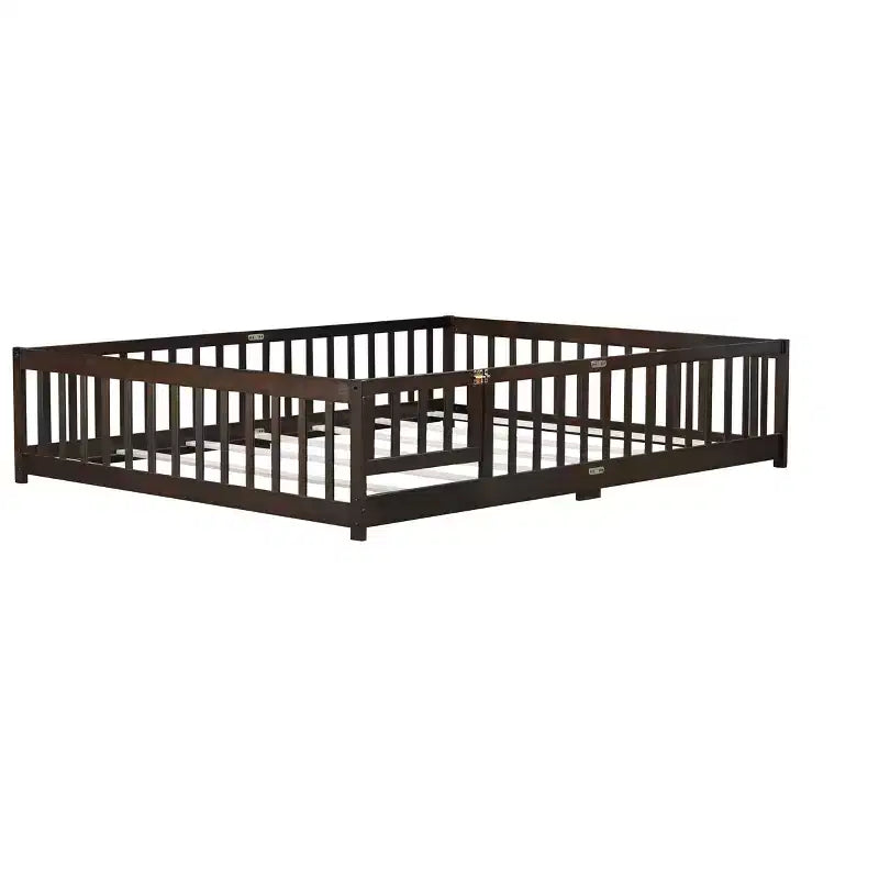 MAYEERTY Queen Floor Bed with Fence,Door, Rubber Wood Floor Bed Guardrails Brown