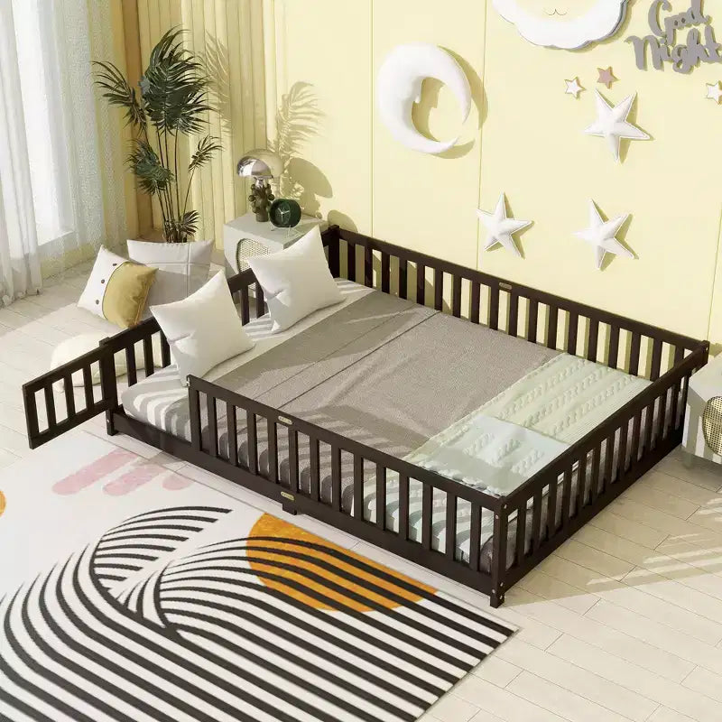 MAYEERTY Queen Floor Bed with Fence,Door, Rubber Wood Floor Bed Guardrails Brown