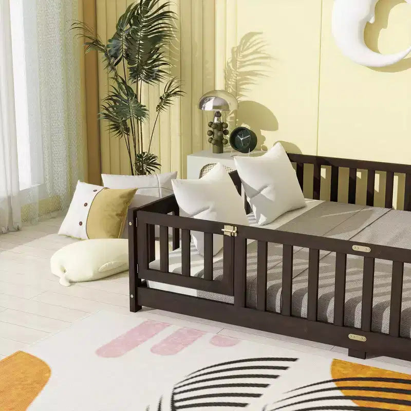 MAYEERTY Queen Floor Bed with Fence,Door, Rubber Wood Floor Bed Guardrails Brown