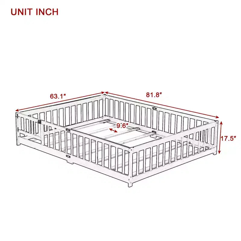 MAYEERTY Queen Floor Bed with Fence,Door, Rubber Wood Floor Bed Guardrails Brown