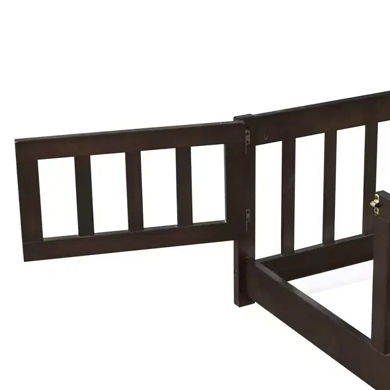 MAYEERTY Queen Floor Bed with Fence,Door, Rubber Wood Floor Bed Guardrails Brown