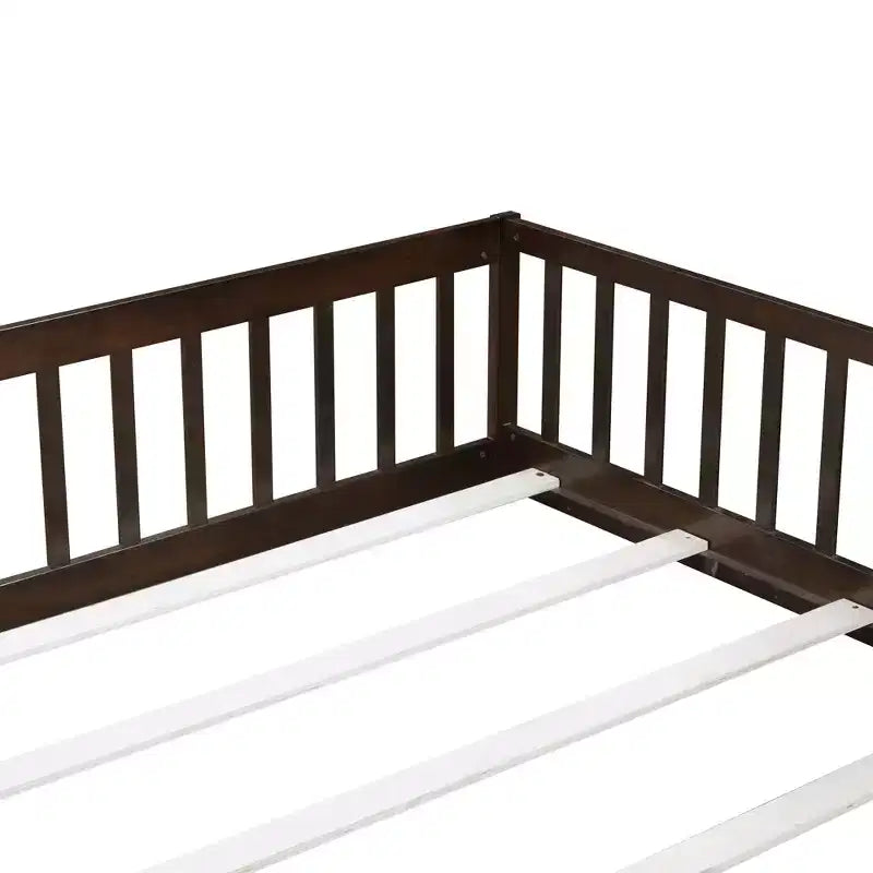 MAYEERTY Queen Floor Bed with Fence,Door, Rubber Wood Floor Bed Guardrails Brown