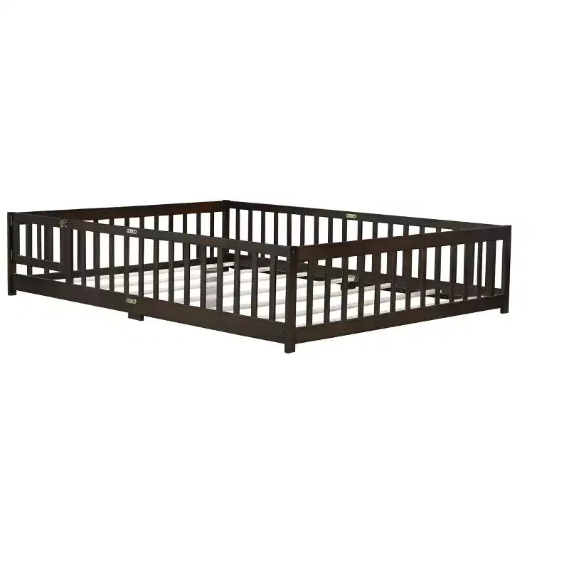 MAYEERTY Queen Floor Bed with Fence,Door, Rubber Wood Floor Bed Guardrails Brown
