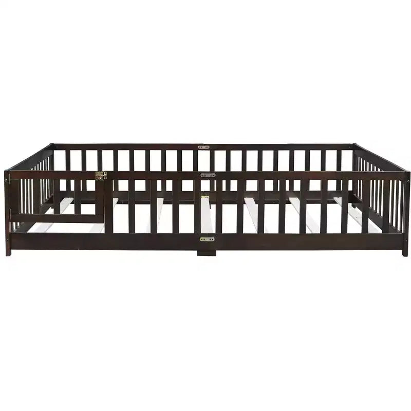 MAYEERTY Queen Floor Bed with Fence,Door, Rubber Wood Floor Bed Guardrails Brown