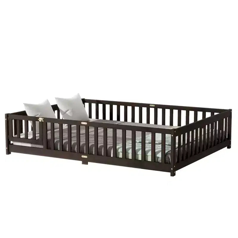 MAYEERTY Queen Floor Bed with Fence,Door, Rubber Wood Floor Bed Guardrails Brown