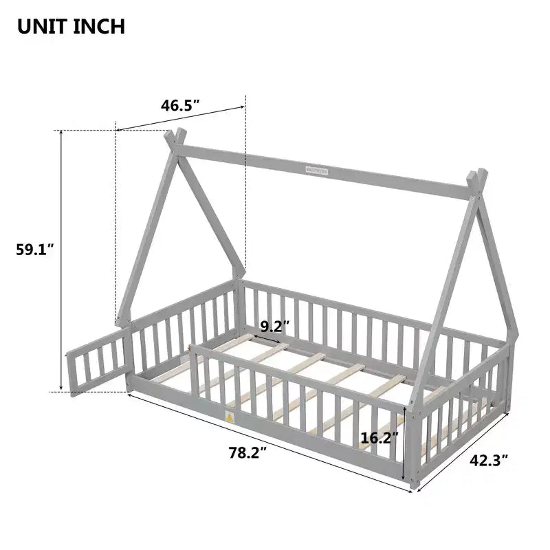 MAYEERTY Twin Tent-shaped Floor Bed with Safety Guardrails Gray