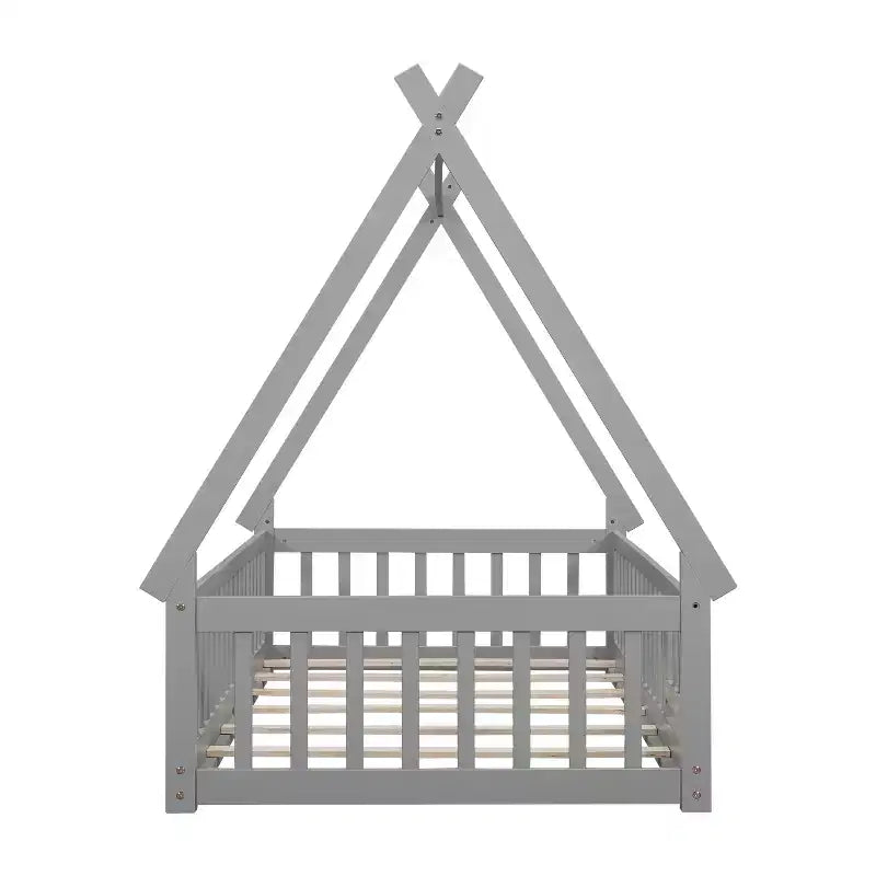 MAYEERTY Twin Tent-shaped Floor Bed with Safety Guardrails Gray