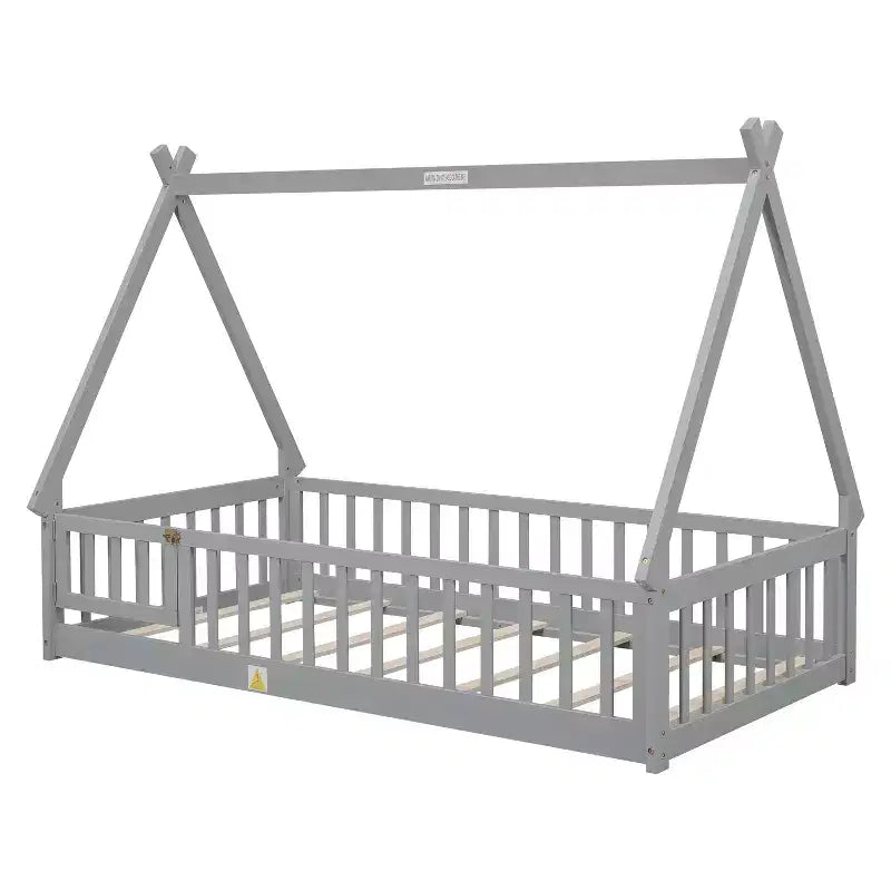 MAYEERTY Twin Tent-shaped Floor Bed with Safety Guardrails Gray