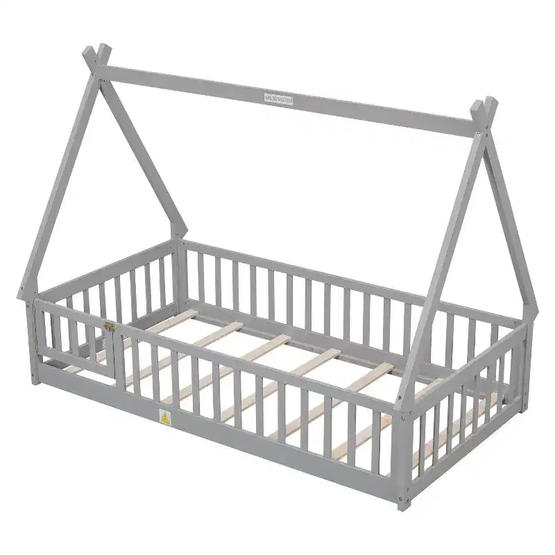 MAYEERTY Twin Tent-shaped Floor Bed with Safety Guardrails Gray