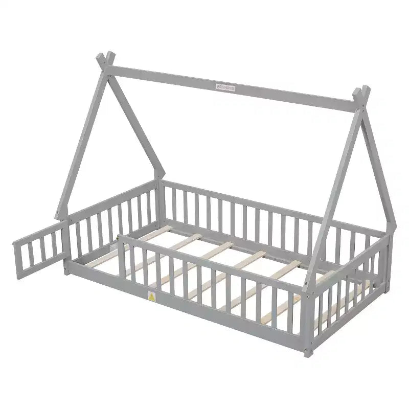 MAYEERTY Twin Tent-shaped Floor Bed with Safety Guardrails Gray