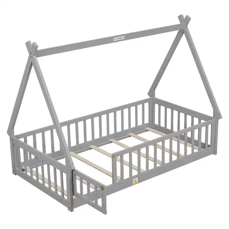 MAYEERTY Twin Tent-shaped Floor Bed with Safety Guardrails Gray