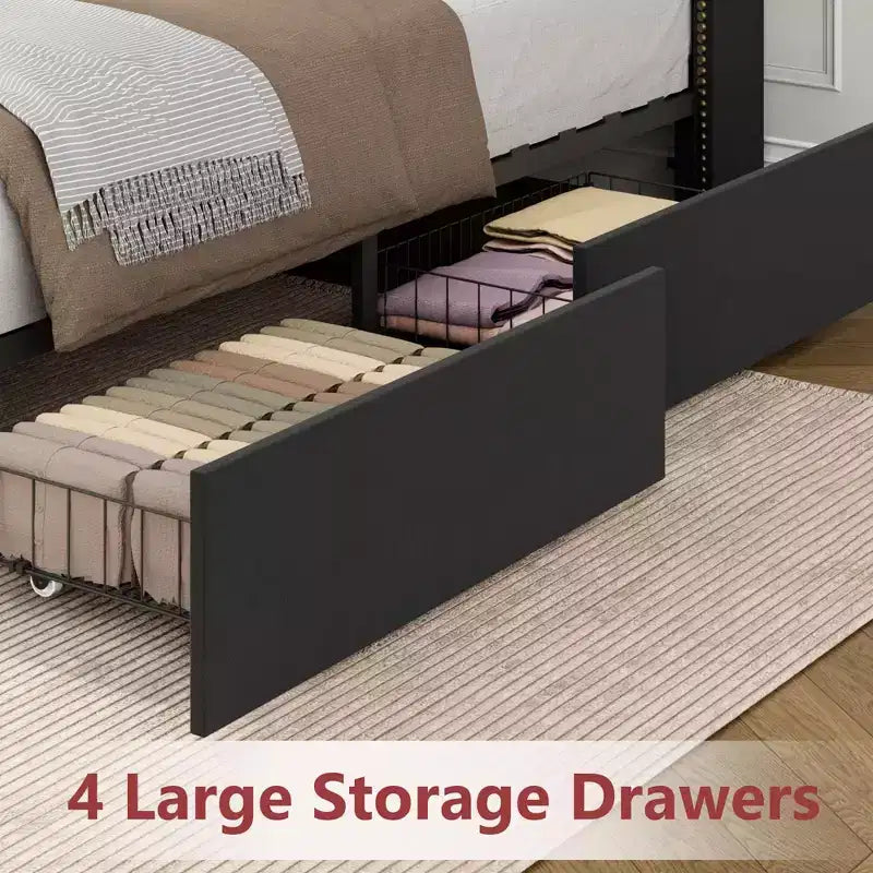 GustoWave Velvet Bed Frame with 4 Storage Drawers