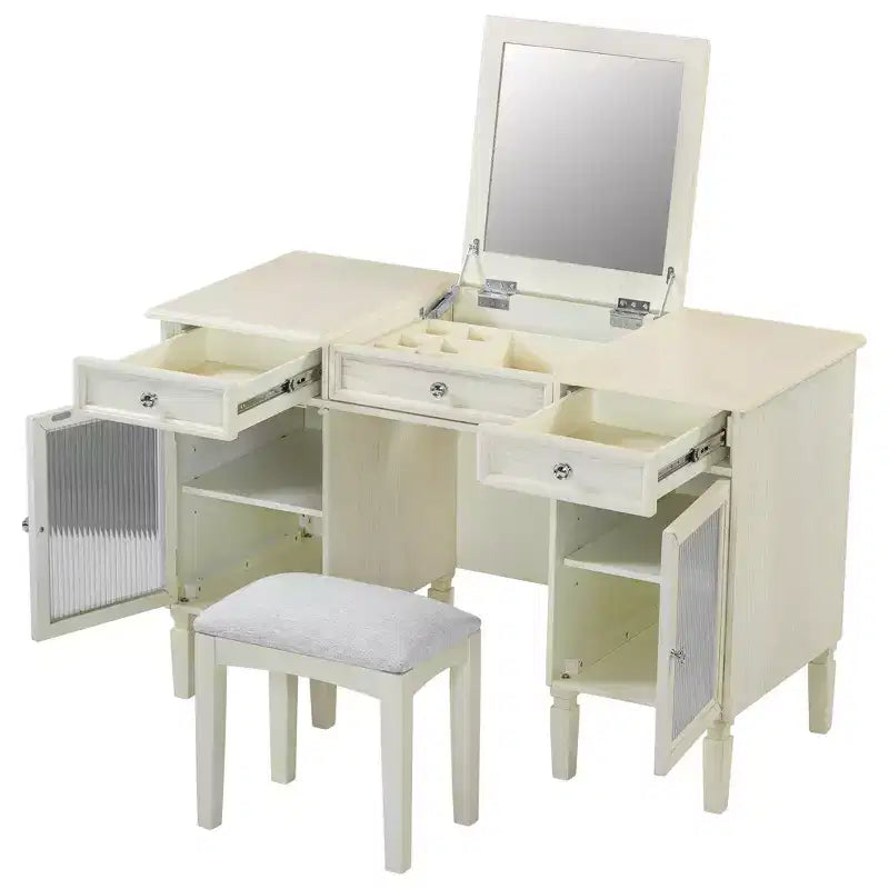 ModernLuxe Makeup Vanity Desk with Flip-Top Mirror, Stool, Drawer & Cabinet, White Vanity Table Dressing Table Multi-Functional Computer Writing Desk