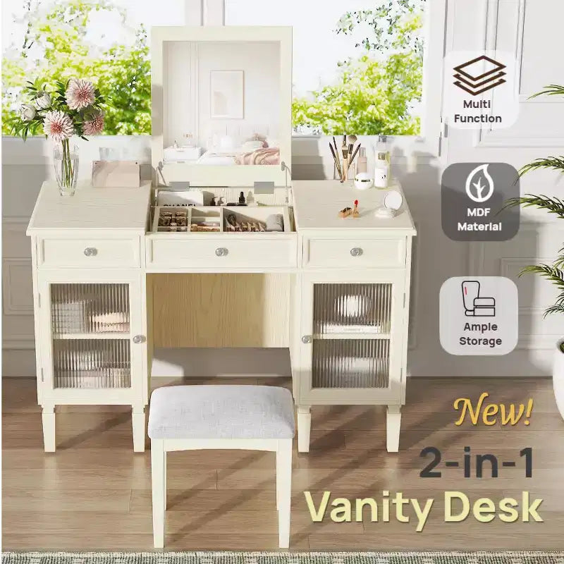 ModernLuxe Makeup Vanity Desk with Flip-Top Mirror, Stool, Drawer & Cabinet, White Vanity Table Dressing Table Multi-Functional Computer Writing Desk