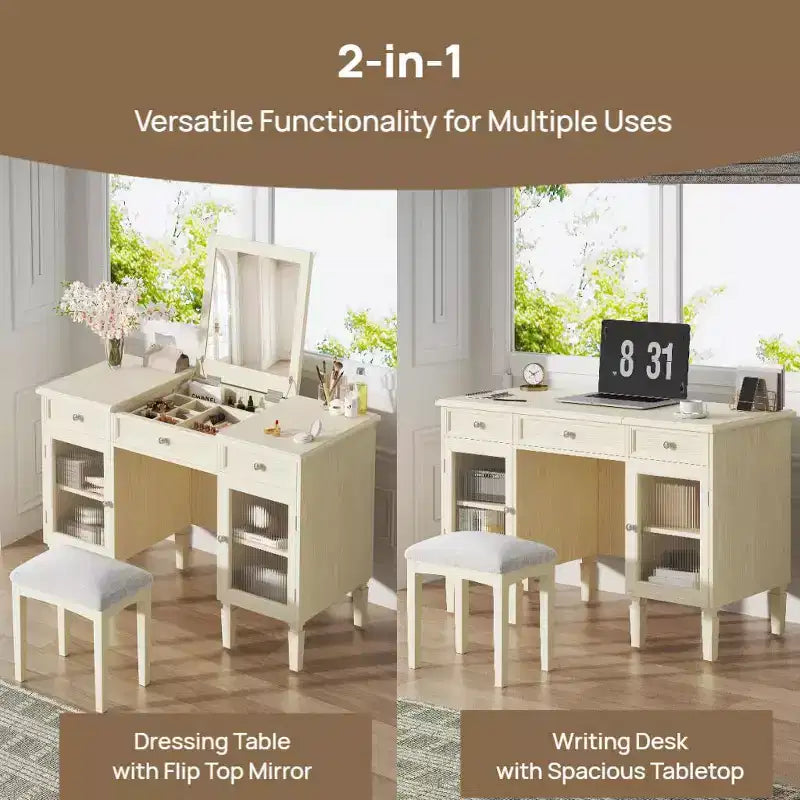 ModernLuxe Makeup Vanity Desk with Flip-Top Mirror, Stool, Drawer & Cabinet, White Vanity Table Dressing Table Multi-Functional Computer Writing Desk