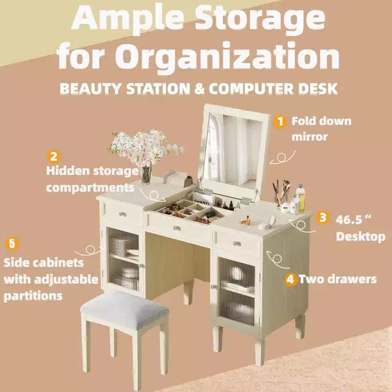 ModernLuxe Makeup Vanity Desk with Flip-Top Mirror, Stool, Drawer & Cabinet, White Vanity Table Dressing Table Multi-Functional Computer Writing Desk
