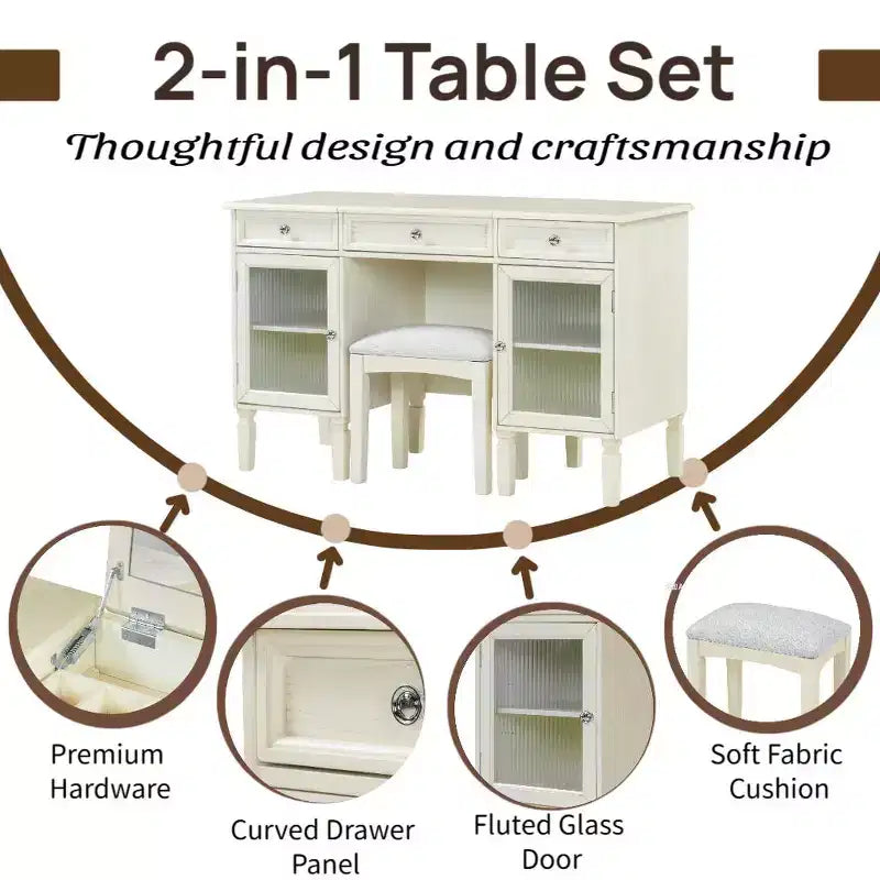 ModernLuxe Makeup Vanity Desk with Flip-Top Mirror, Stool, Drawer & Cabinet, White Vanity Table Dressing Table Multi-Functional Computer Writing Desk