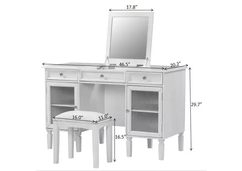 ModernLuxe Makeup Vanity Desk with Flip-Top Mirror, Stool, Drawer & Cabinet, White Vanity Table Dressing Table Multi-Functional Computer Writing Desk