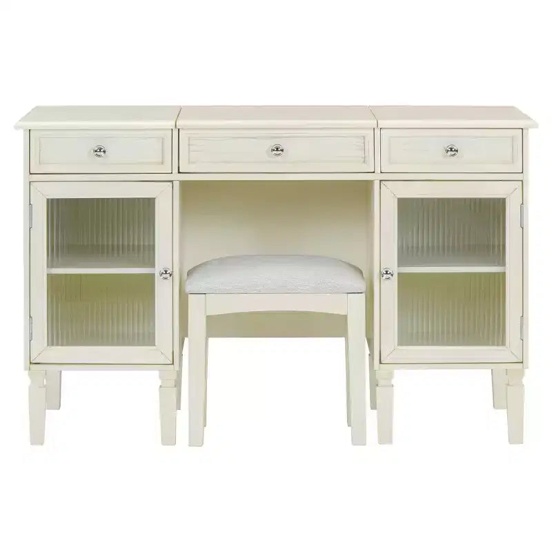 ModernLuxe Makeup Vanity Desk with Flip-Top Mirror, Stool, Drawer & Cabinet, White Vanity Table Dressing Table Multi-Functional Computer Writing Desk