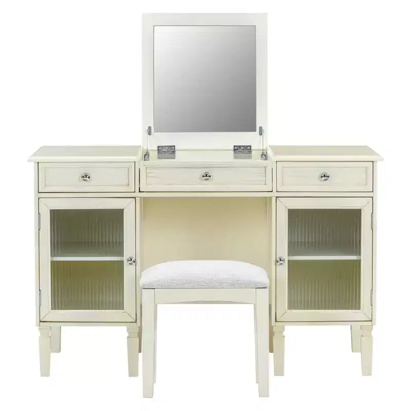 ModernLuxe Makeup Vanity Desk with Flip-Top Mirror, Stool, Drawer & Cabinet, White Vanity Table Dressing Table Multi-Functional Computer Writing Desk