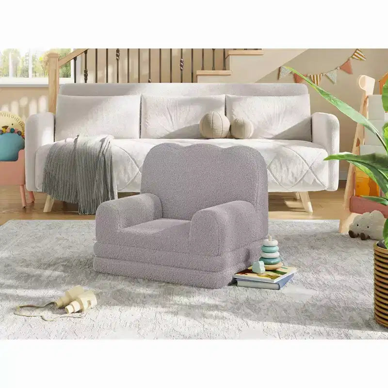 Kids Couch, 2-in-1 Convertible Teddy Fleece Fabric Toddler Sofa Chair, Soft Fold Out Couch Lounger for Kids, Comfy Sofa Bed