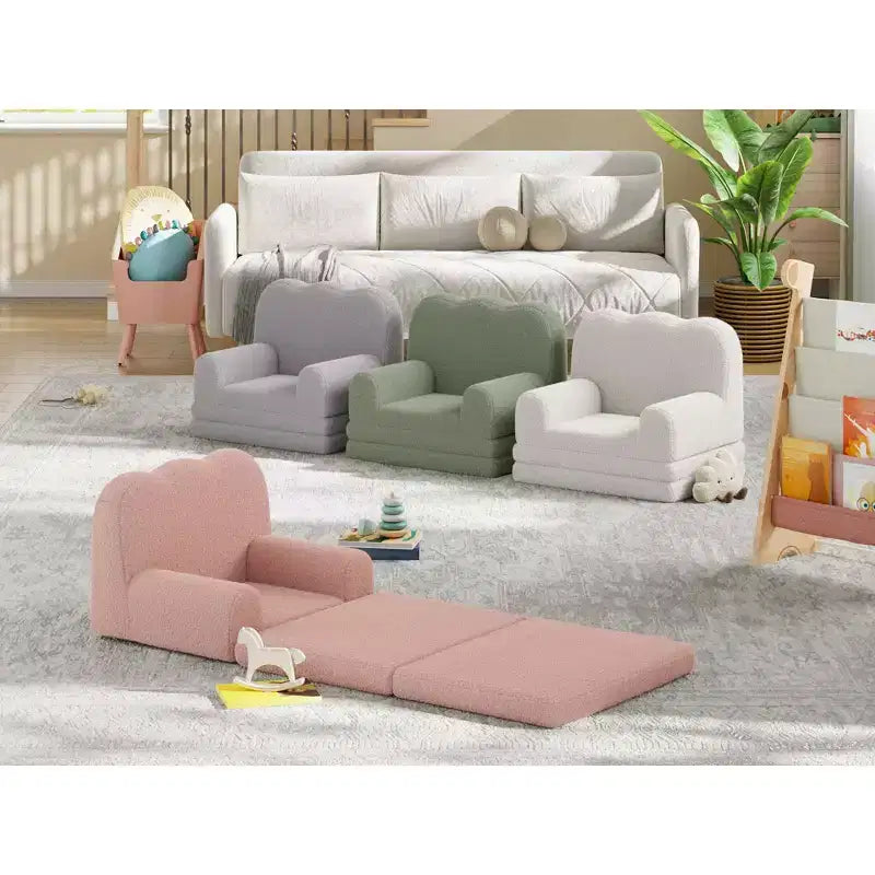 Kids Couch, 2-in-1 Convertible Teddy Fleece Fabric Toddler Sofa Chair, Soft Fold Out Couch Lounger for Kids, Comfy Sofa Bed
