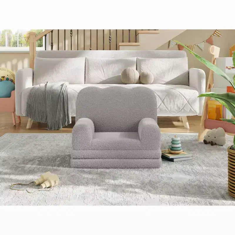 Kids Couch, 2-in-1 Convertible Teddy Fleece Fabric Toddler Sofa Chair, Soft Fold Out Couch Lounger for Kids, Comfy Sofa Bed