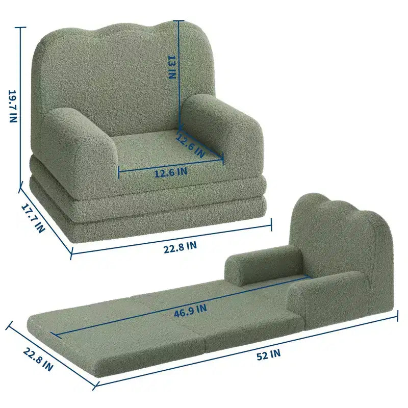 Kids Couch, 2-in-1 Convertible Teddy Fleece Fabric Toddler Sofa Chair, Soft Fold Out Couch Lounger for Kids, Comfy Sofa Bed