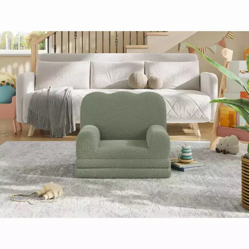 Kids Couch, 2-in-1 Convertible Teddy Fleece Fabric Toddler Sofa Chair, Soft Fold Out Couch Lounger for Kids, Comfy Sofa Bed