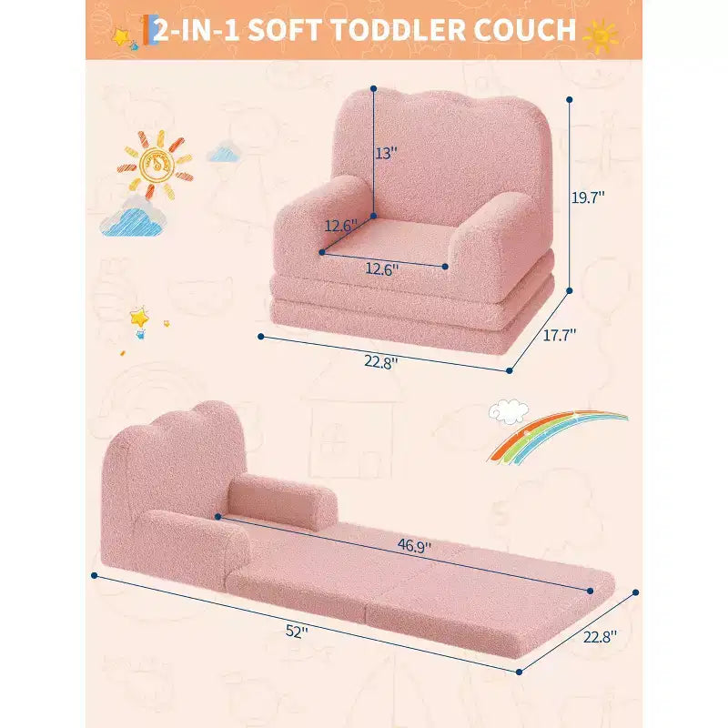 Kids Couch, 2-in-1 Convertible Teddy Fleece Fabric Toddler Sofa Chair, Soft Fold Out Couch Lounger for Kids, Comfy Sofa Bed