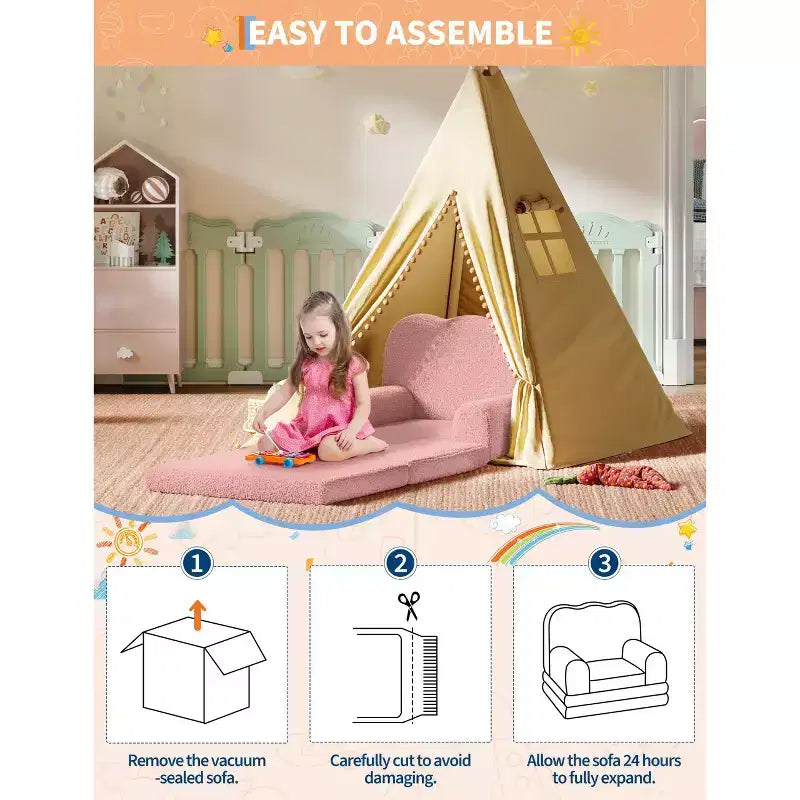 Kids Couch, 2-in-1 Convertible Teddy Fleece Fabric Toddler Sofa Chair, Soft Fold Out Couch Lounger for Kids, Comfy Sofa Bed