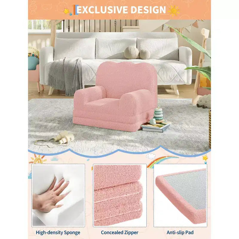 Kids Couch, 2-in-1 Convertible Teddy Fleece Fabric Toddler Sofa Chair, Soft Fold Out Couch Lounger for Kids, Comfy Sofa Bed