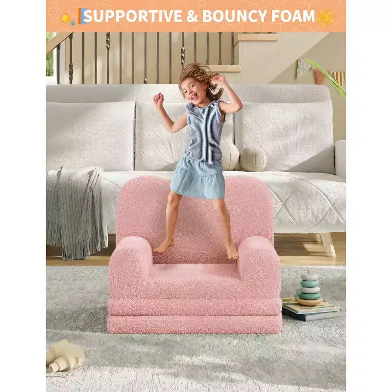 Kids Couch, 2-in-1 Convertible Teddy Fleece Fabric Toddler Sofa Chair, Soft Fold Out Couch Lounger for Kids, Comfy Sofa Bed