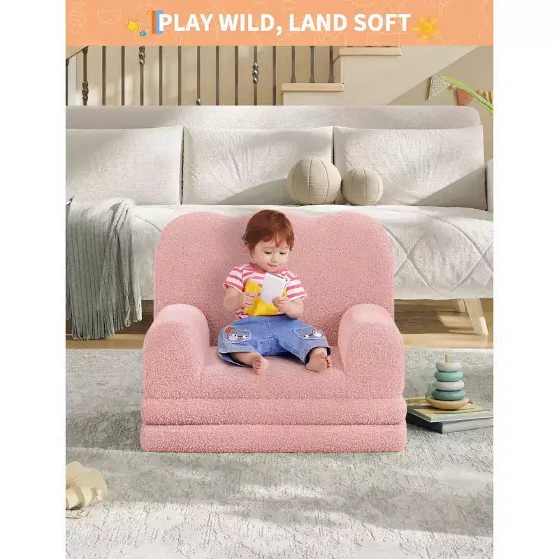 Kids Couch, 2-in-1 Convertible Teddy Fleece Fabric Toddler Sofa Chair, Soft Fold Out Couch Lounger for Kids, Comfy Sofa Bed