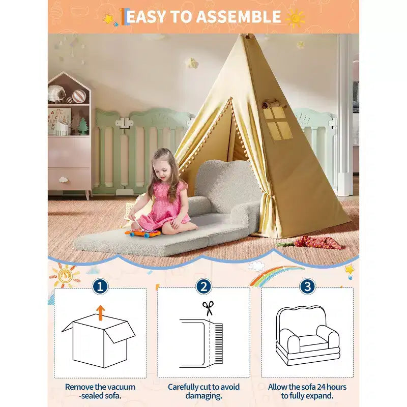 Kids Couch, 2-in-1 Convertible Teddy Fleece Fabric Toddler Sofa Chair, Soft Fold Out Couch Lounger for Kids, Comfy Sofa Bed