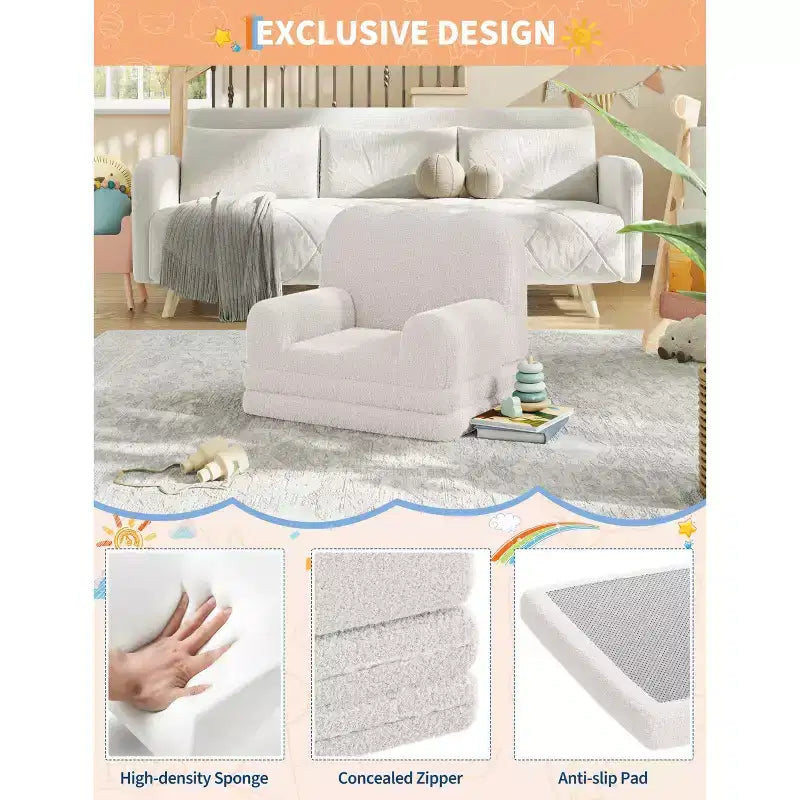 Kids Couch, 2-in-1 Convertible Teddy Fleece Fabric Toddler Sofa Chair, Soft Fold Out Couch Lounger for Kids, Comfy Sofa Bed