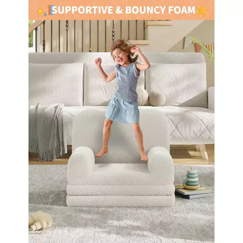Kids Couch, 2-in-1 Convertible Teddy Fleece Fabric Toddler Sofa Chair, Soft Fold Out Couch Lounger for Kids, Comfy Sofa Bed